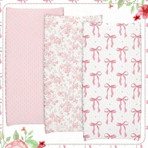 Smoothnovelty 3 Pcs Pink Bow Baby Changing Pad Covers, Changing Table Cover - Image 3