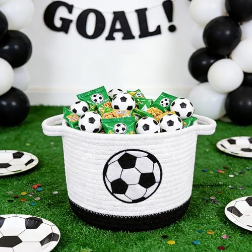 Soccer Woven Basket- Small Cotton Rope Gift Basket Embroidered Football - Image 5
