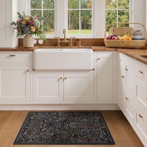 Midnight Blue Washable Entryway Rug 2x3, Tree of Life Whimsical Floral Animal - Image 3