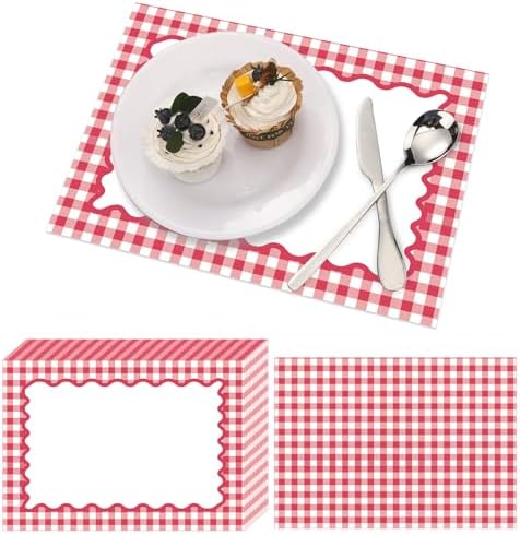 Eaasty 100 Pcs Disposable Red Gingham Paper Placemats Summer Checkered - Image 4