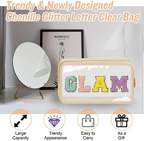 Chenille Letter Clear Makeup Bags Glam Pouch, Preppy Patch Makeup Bag - Image 4