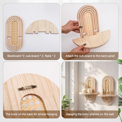 Artilady Boho Shelf Wall Decor Rattan Wood Floating Shelves Srorage Display - Image 5