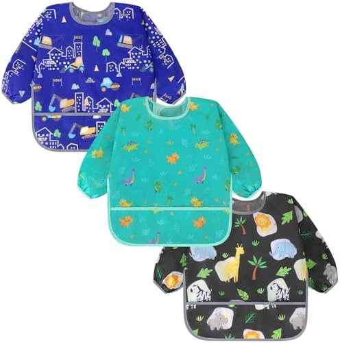 Accmor 3 Pack Long Sleeve Bibs, Baby Smock Waterproof Sleeved Bib Smock by Accmor