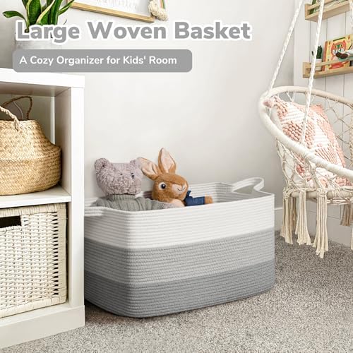 Goodpick Large Woven Rope Blanket Basket, Light Gray - Image 2