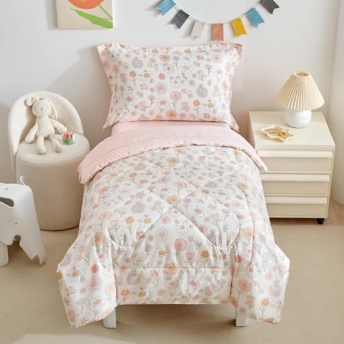 DuShow Floral 4 Piece Girls Toddler Bed Comforter Set Pink Flower Reversible by DuShow
