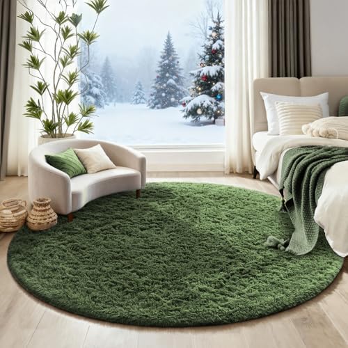 Ophanie Round Rug 6Ft Grey Green Circle Area Rug, Fluffy Fuzzy Bedroom Carpet - Image 5
