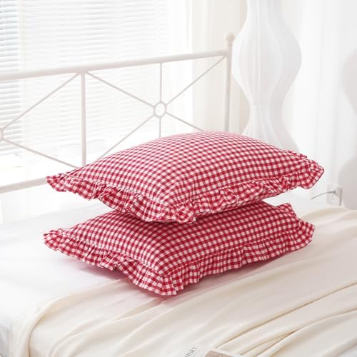 2 Pack Red White Gingham Ruffle Standard Pillow Shams 20"x26" - Image 5
