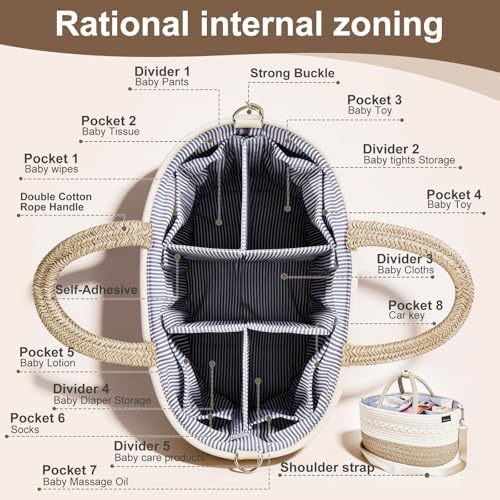 Baby Diaper Caddy Organizer, 5 Grids, 8 Pockets, Shoulder Strap Portable - Image 3