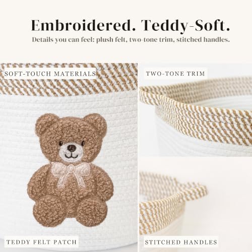 Teddy Bear Baby Storage Basket, Woven Cotton Rope Nursery Bin, 15x11 in - Image 3