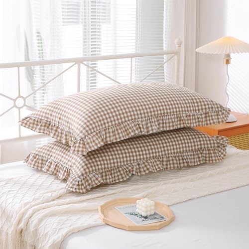 2 Pack Taupe White Gingham Ruffle Standard Pillow Shams 20"x26" - Image 3