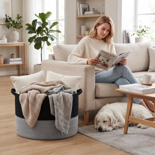 90L Extra Large Blanket Basket, Woven Laundry Basket-Black&Dark Grey - Image 4