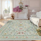 Green Floral Washable Area Rug 8x10 – Large Vintage Boho Non-Slip Carpet by Dadasgk