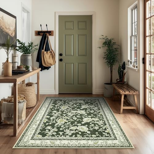 BILEEHOME Olive Green Sketch Floral Rug 4x6 Non Slip Small Rugs - Image 3