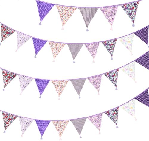 G2PLUS 10.8Ft Cotton Triangle Bunting Banner – 12pcs Purple Floral Fabric by G2PLUS