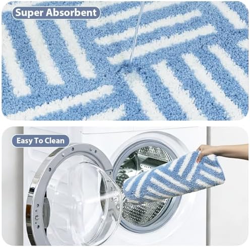ORTIGIA Striped Blue Bathroom Rugs Non Slip Washable, 20x30 Quick Dry Absorbent - Image 3
