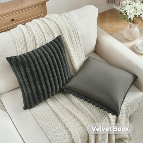 FUTEI Pack of 2 Faux Fur Throw Pillow Covers 28x28 Inch, Dark Grey - Image 4