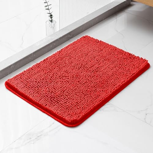 Chenille Bathroom Rug 17"x24" Red, Non-Slip Plush Bath Mat by Kildoss