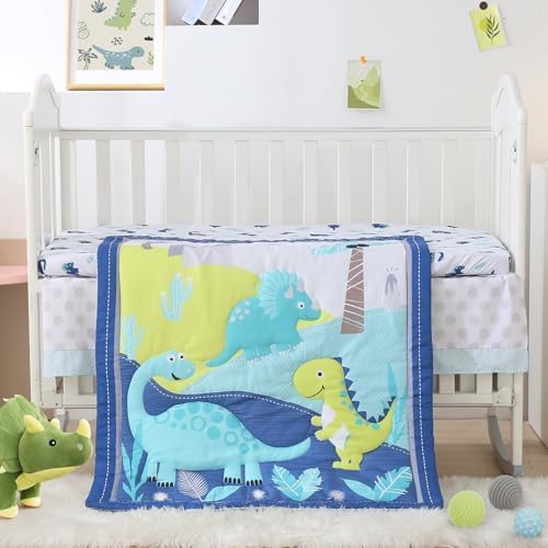 Dinosaur Crib Bedding Set for Boys Blue, Premium 3-Piece Baby Bedding Set - Image 2
