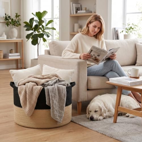 90L Extra Large Blanket Basket, Woven Laundry Basket-Black&Camel - Image 4