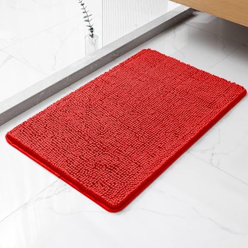 Chenille Bathroom Rug 20"x32" Red, Non-Slip Plush Bath Mat by Kildoss