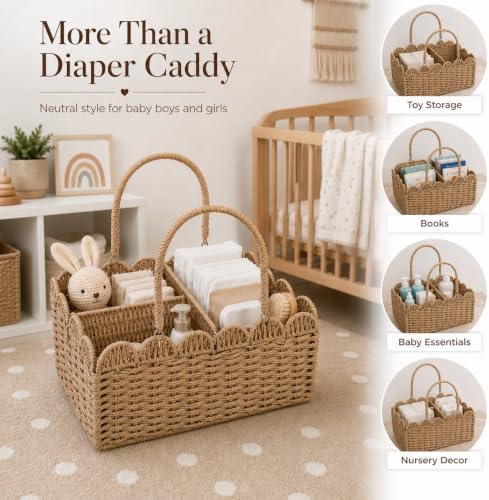 Large Wicker Diaper Caddy Organizer, Scalloped Nursery Basket - Image 3