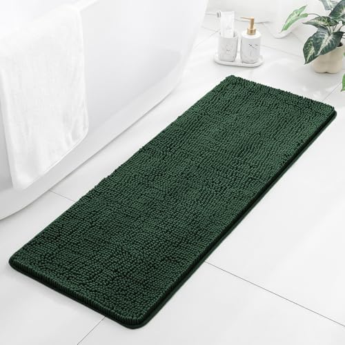 Chenille Bathroom Runner Rug 17"x47" Dark Green, Plush Bath Mat by Kildoss