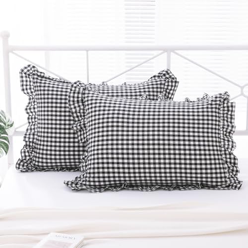 2 Pack Black White Gingham Ruffle Pillow Shams King Size 20"x36" by KMASANIJI