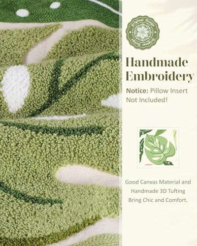 Embroidered Throw Pillow Cover, 18x18 Inch, Monstera Leaves - Image 2