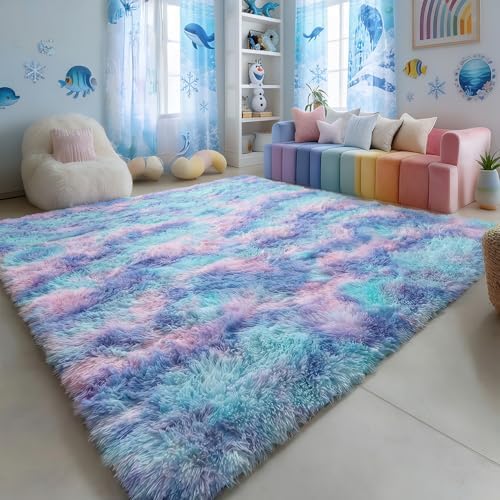 Amdrebio Purple Rainbow Mermaid Furry Kids Area Rug 5x8 by Amdrebio