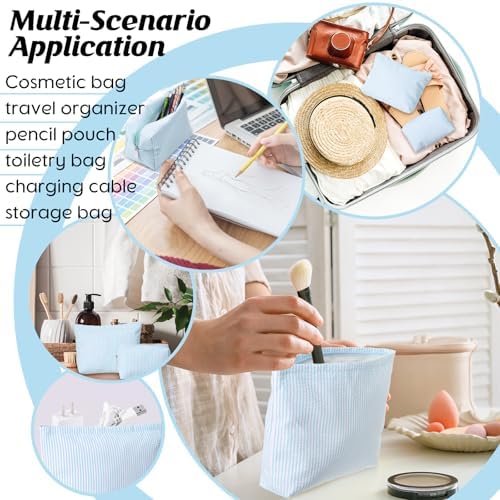 Huhumy 2 Pcs Makeup Bag Set for Women, Light Blue, Thin Stripe - Image 5
