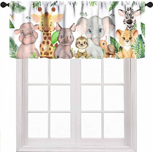 Woodland Nursery Window Valance, Cartoon Jungle Lion Elephant Retro Safari by Unknown