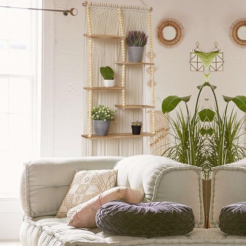 Macrame Wall Shelf Boho Hanging Organizer Floating Plant Shelf 11.8"W*47"L - Image 4