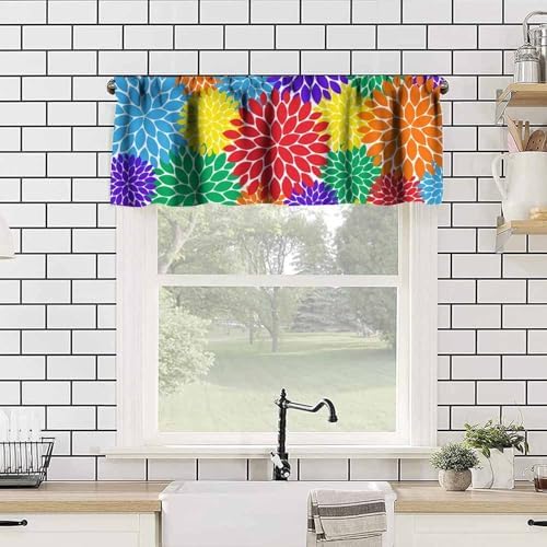 Rainbow Dahlia Flower Valance Curtain, Abstract Colorful Red Purple Green Blue - Image 4