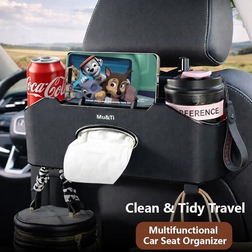 Back Seat Car Organizer with Cup Holders Tissue Box, Phone Stand and Hooks - Image 2