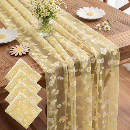 4 Pcs Yellow Daisy Table Runner 29x70 Inch, Lace by Windkream