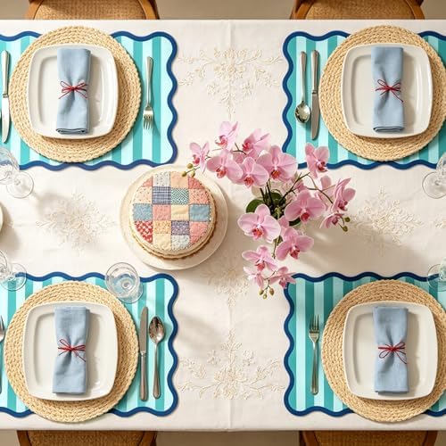 JarThenaAMCS 60 Pcs Blue Green Striped Paper Placemats Scalloped Edge Table - Image 7