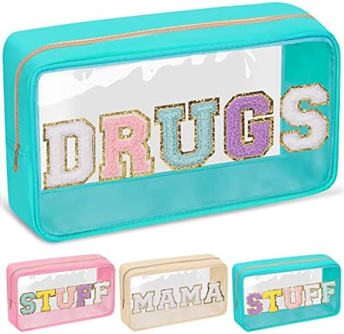 Chenille Letter Clear Makeup Bags Drugs Pouch, Preppy Patch Makeup Bag by izuzta