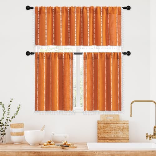 MitoVilla Boho Orange Kitchen Curtains 24 Inch Length Sets, 2 Panels Farmhouse - Image 5