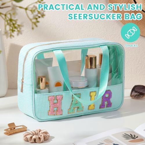 Sanwuta Seersucker Hair Bag Chenille Letter Clear Makeup Bag - Image 4
