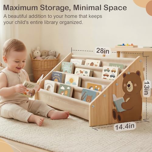 Toddler Bookshelf 4 Tier Solid Wood Montessori Nursery Book Organizer Kids - Image 2