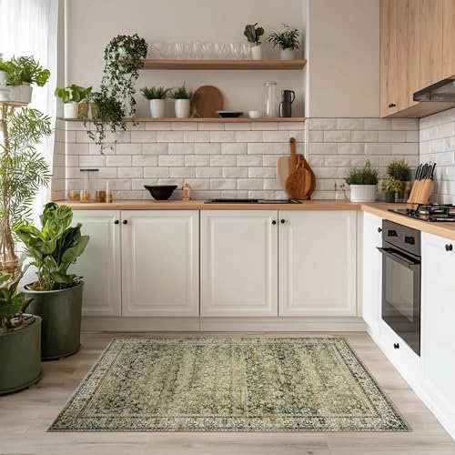 Floral Area Rug with Washable Low Pile Vintage Print Olive Tan Rugs 3x5 by BILEEHOME