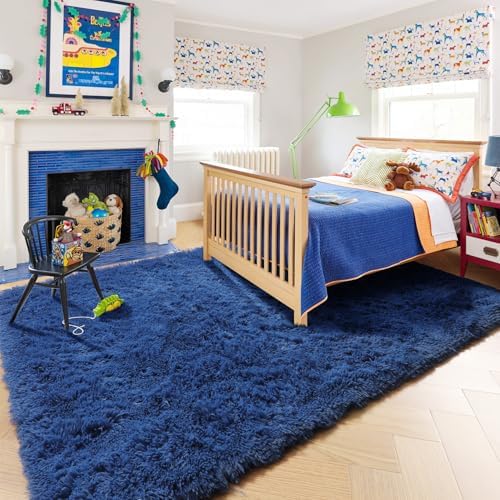 Amdrebio Navy Blue Furry Shaggy Area Rug 5x7 - Image 3