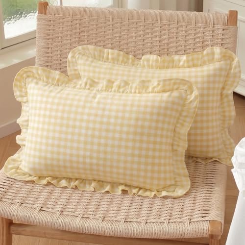 Set of 2 Yellow and White Ruffle Lumbar Pillow Covers 12x20 Inch, Gingham Plaid by HOSTECCO