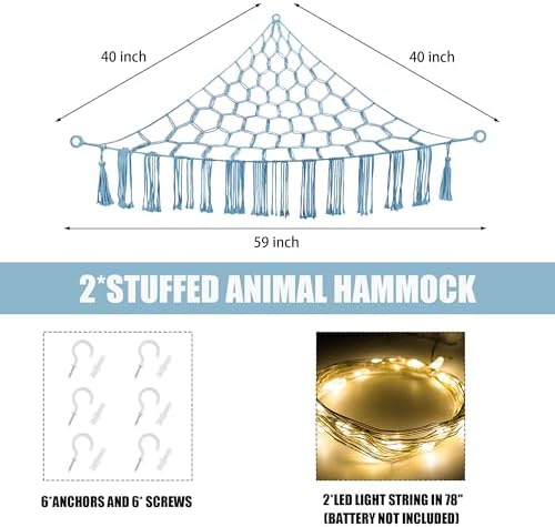 CERETIA Stuffed Animal Hammock Large Corner Plushie Net Storage, Baby Blue - Image 5