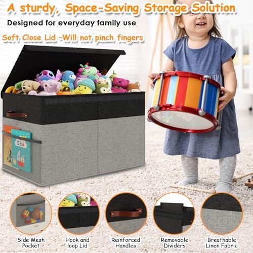 Large Toy Storage Box with Lid, Toy Chest with Divider, Foldable Organizer - Image 3