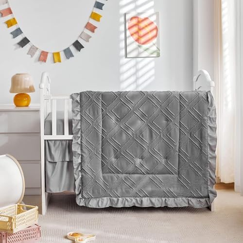 Mini Crib Bedding Set 3 Pieces Baby Boho Quilted Tufted Ruffles Comforter - Image 2