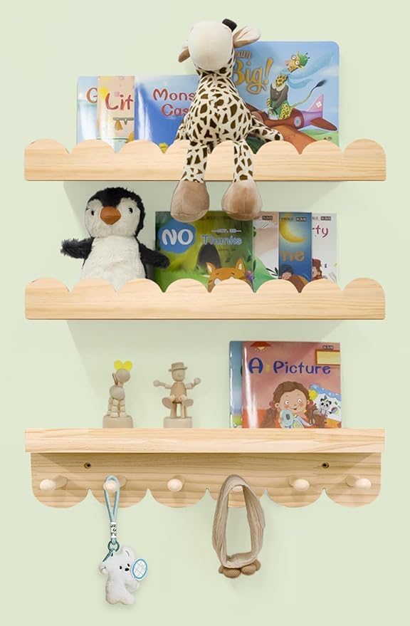 Nursery Shelves for Wall with Hooks-Scalloped Wall Book Shelves for Bedroom by icnjdMopclean