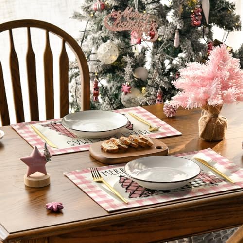 Artoid Mode Waterclor Pink Buffalo Plaid Christmas Trees Placemats Set of 4 - Image 4