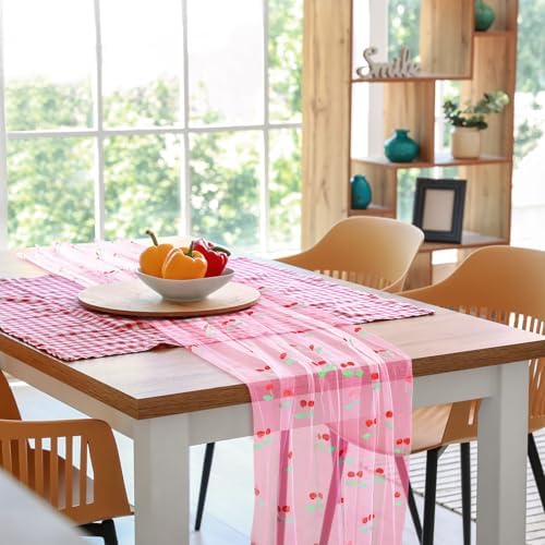 4 Pcs Cherry Table Runner 29x70 Inch Pink Glitter Tulle Summer - Image 4
