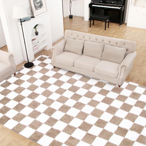 Super Soft Rug for Bedroom, 5x8 Ft Beige and White Area Rug Classic Checkered - Image 2